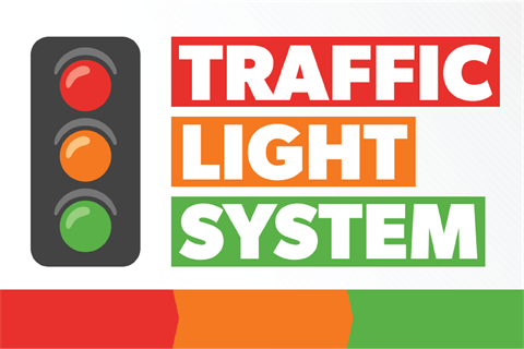 Traffic light displaying red, orange and green light.