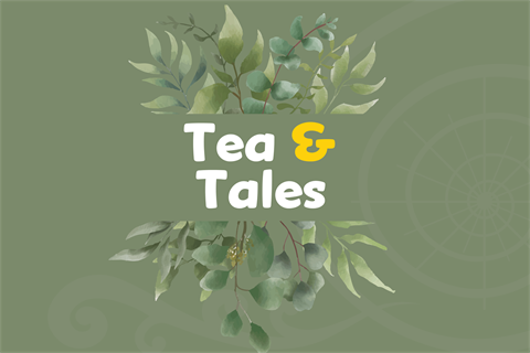 White and Yellow Tea and Tales logo on a green background.