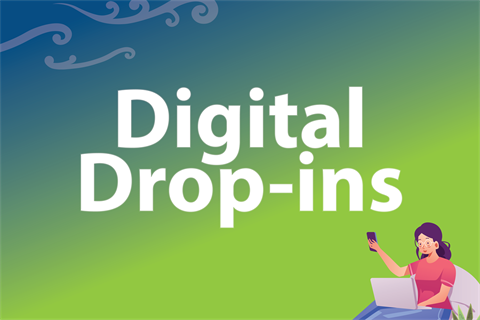 Digital Drop-ins on green and blue background.