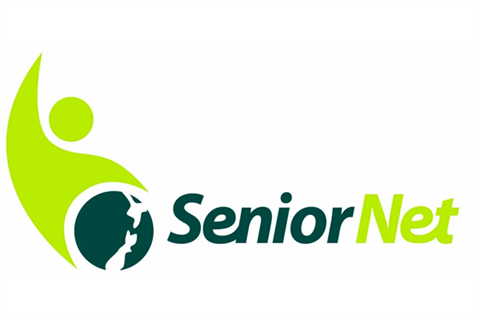 Green Senior Net logo, stick figure with hand up.