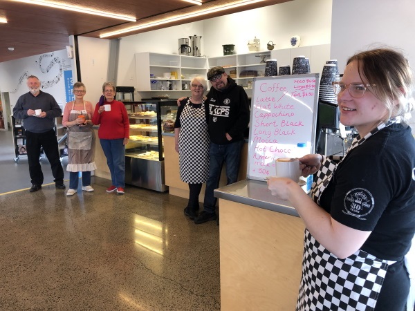 Sweet Dreams Cafe - from right to left: Barista Haylee Richards, owners Alan and Jenny Ball, and three happy customers on opening day: Joan Tinsley, Jude Batten and Les Oxnam.