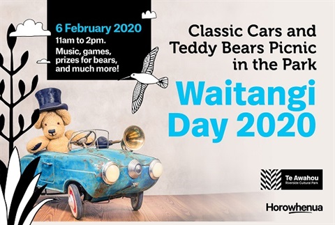 Teddy Bear in rustic blue car Waitangi Day 2020.